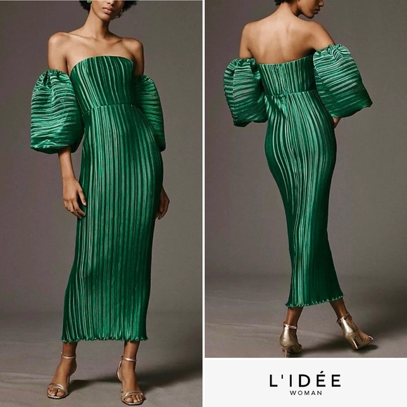 l'ide sirene off-shoulder puff-sleeve pleated midi column dress Sirene Dress